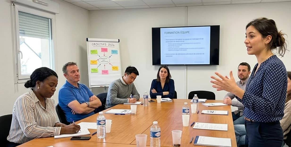 Réunion d'équipe en entreprise : une formatrice présente à un groupe de collaborateurs