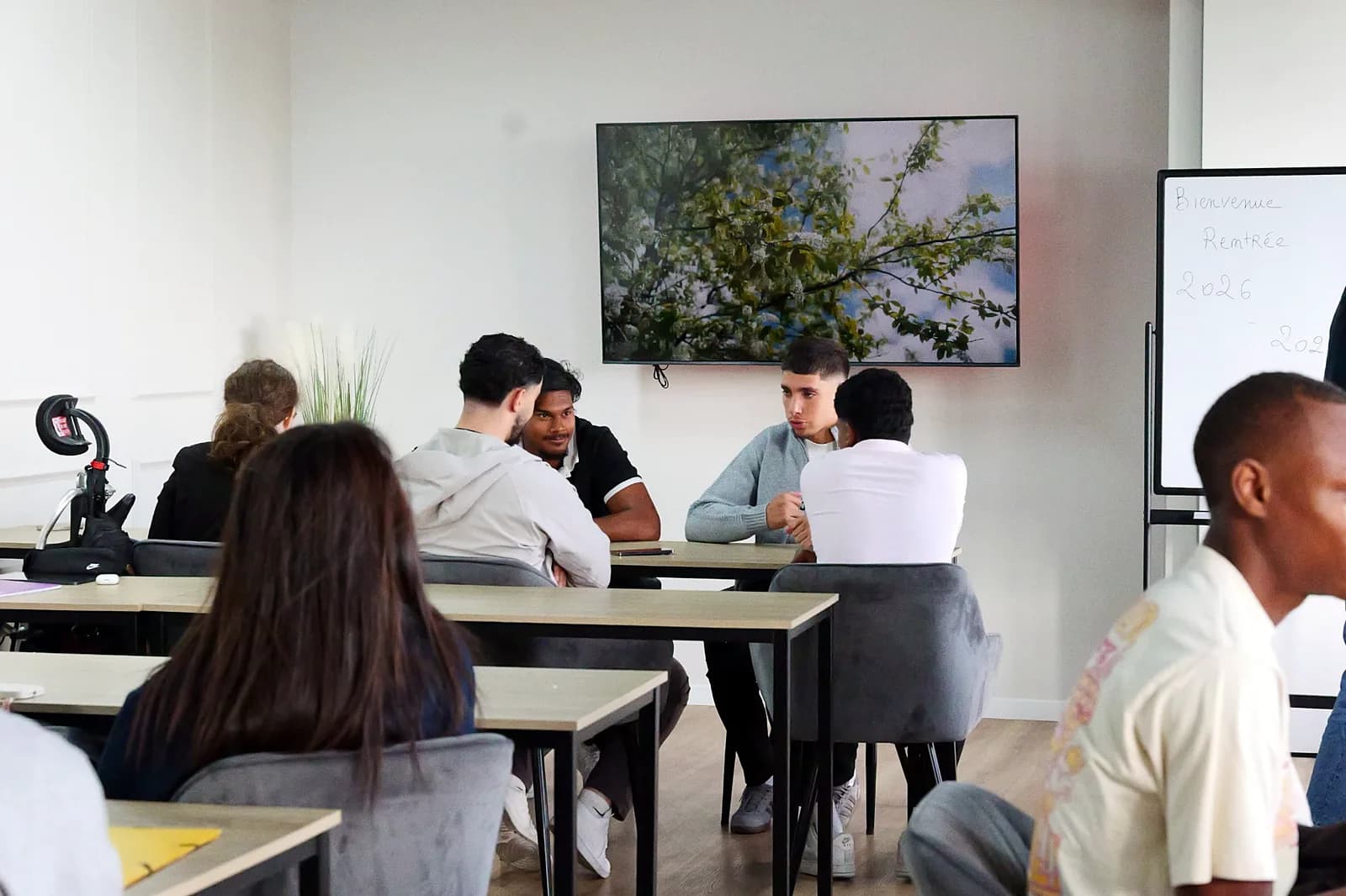 Des apprenants discutent par petits groupes dans une salle de cours lumineuse