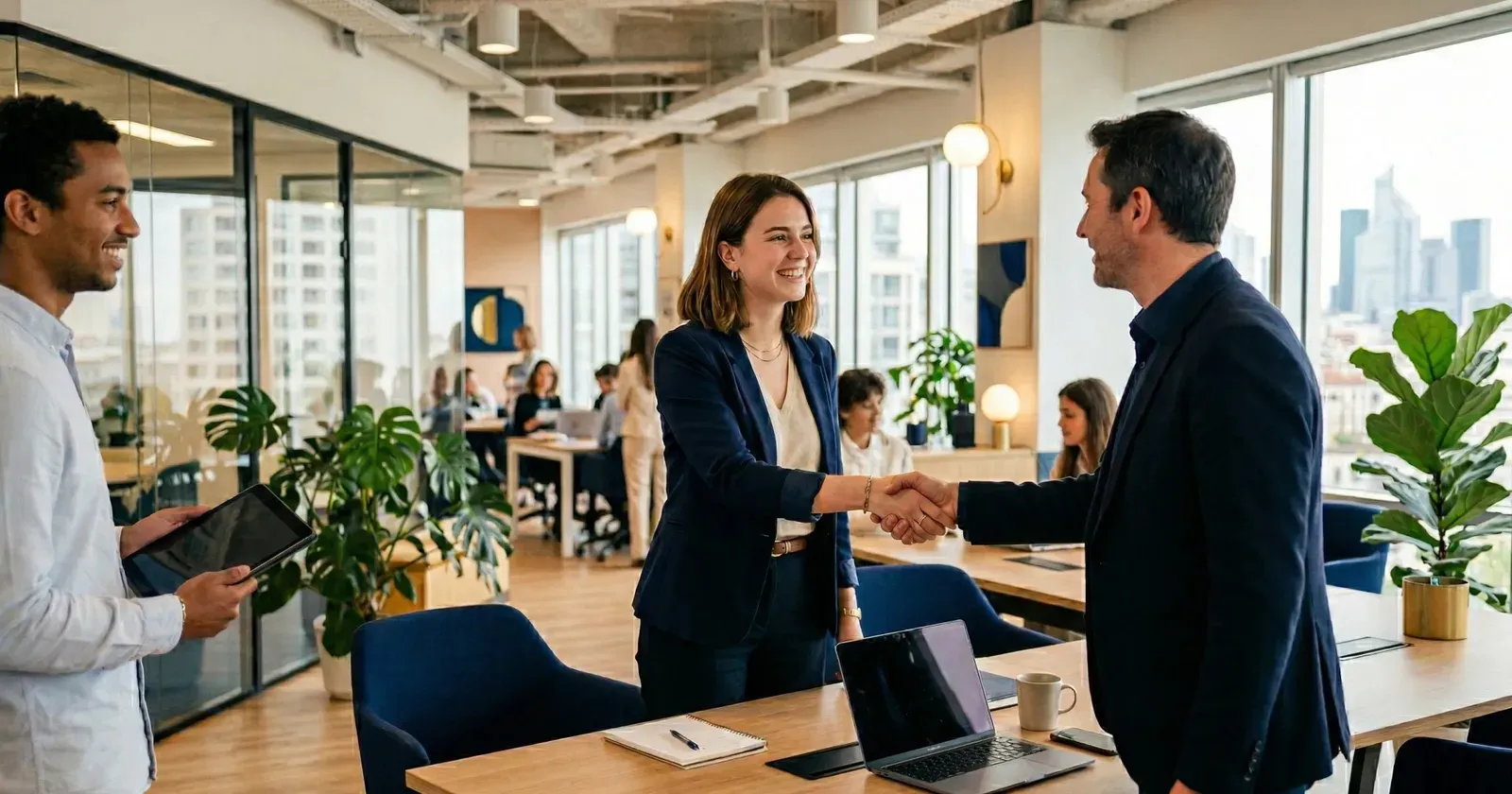 Une poignée de main entre une collaboratrice et un collègue dans un espace de travail ouvert.