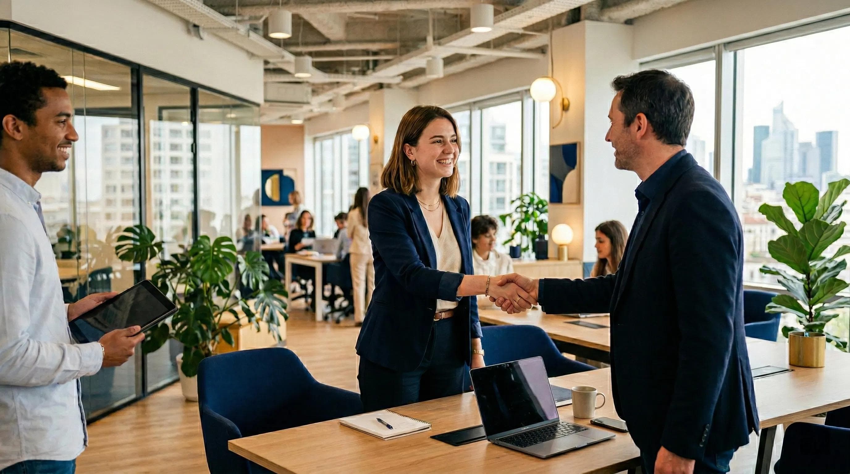 Étudiant en alternance collaborant avec son équipe dans un environnement professionnel moderne